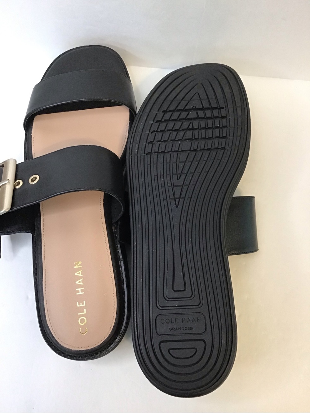 COLE HAAN Women's Black Leather Double-Strap Wedge Slides with Gold Buckle 9 - Picture 7 of 8